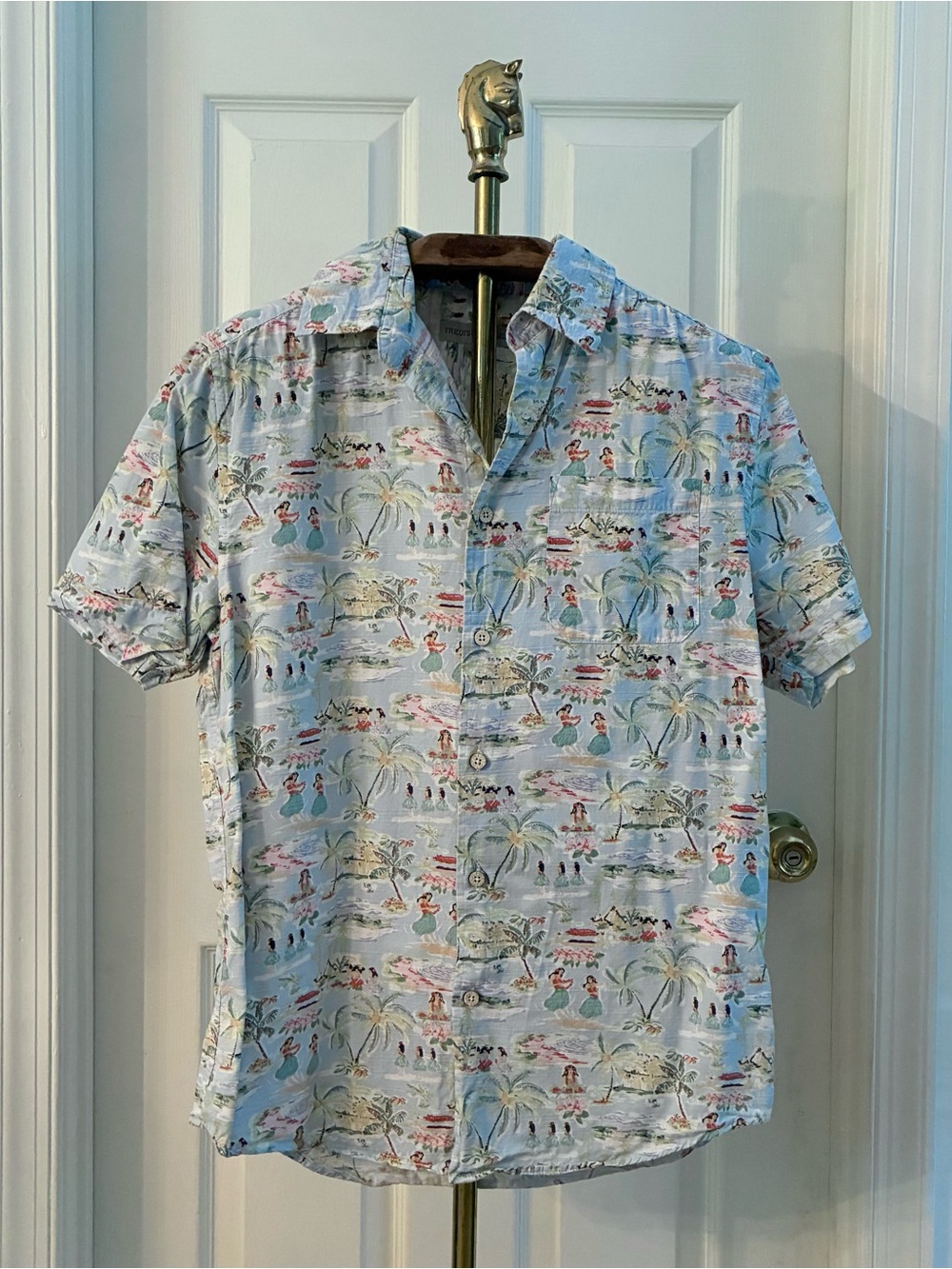Tricots St. Raphael Blue Tropical Hula Print Short Sleeve Button Up Shirt